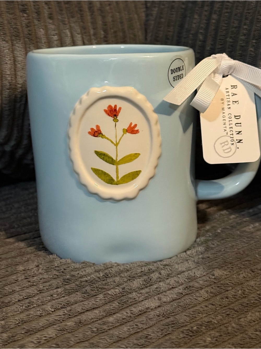 Rae Dunn Pale Blue Ceramic Mug w/ Floral Cameo ‘grateful for every little thing’